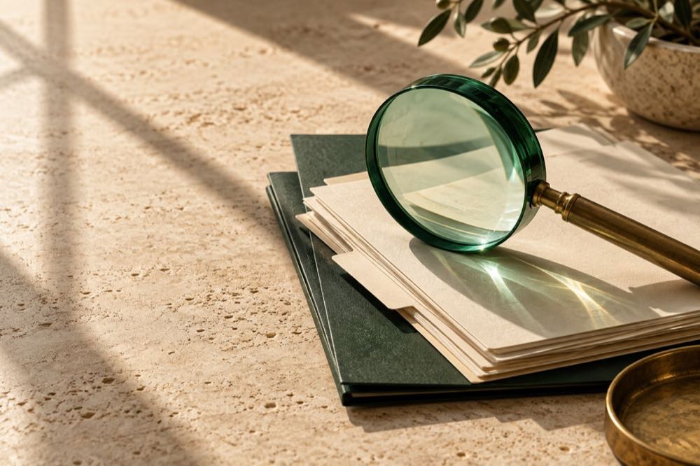 An emerald magnifying glass resting on a carefully arranged stack of cream folders